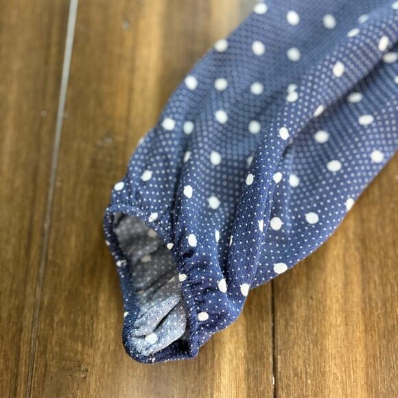 70s Navy Blue Polka Dot Long Sleeve Mini A line Dress, keyhole front tie, V Neck - Picture 12 of 16